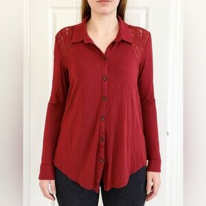 Women’s Red Lace Button Down Top Long Sleeve Flowy Blouse Romantic Casual Shirt